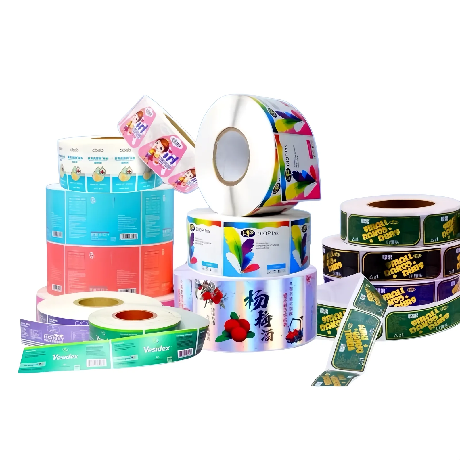 Finished sticker label rolls after slitting and rewinding